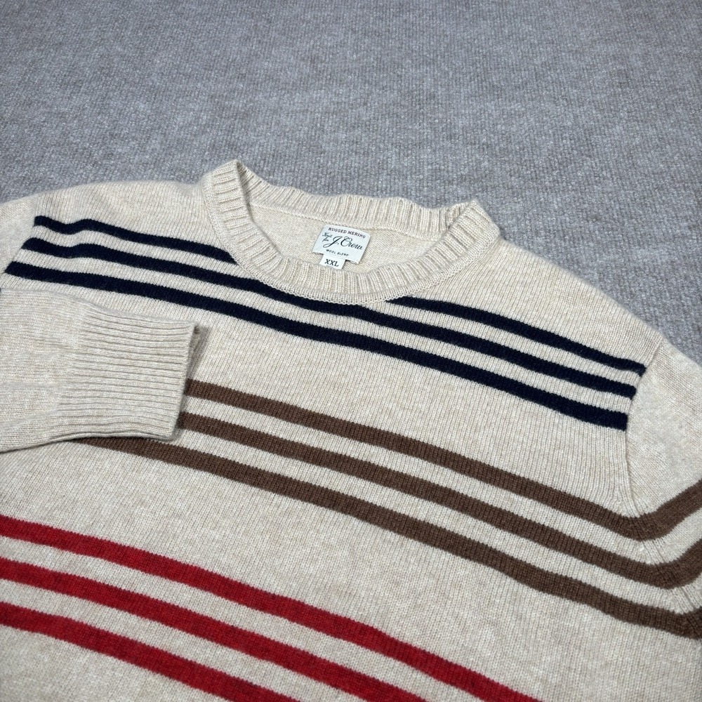 J. Crew Factory Cream Crewneck Sweater with Navy, Brown, and Red Stripes